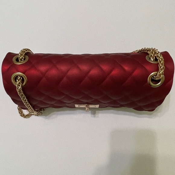 NWOT Le Miel Ruby Red Matte Jelly Medium Flap Bag Crossbody Gold Double Chain - Picture 3 of 12